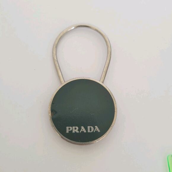 Auth PRADA Silver Black Hardware Bag Charm Key Ring Fob Logo Round - Picture 1 of 7